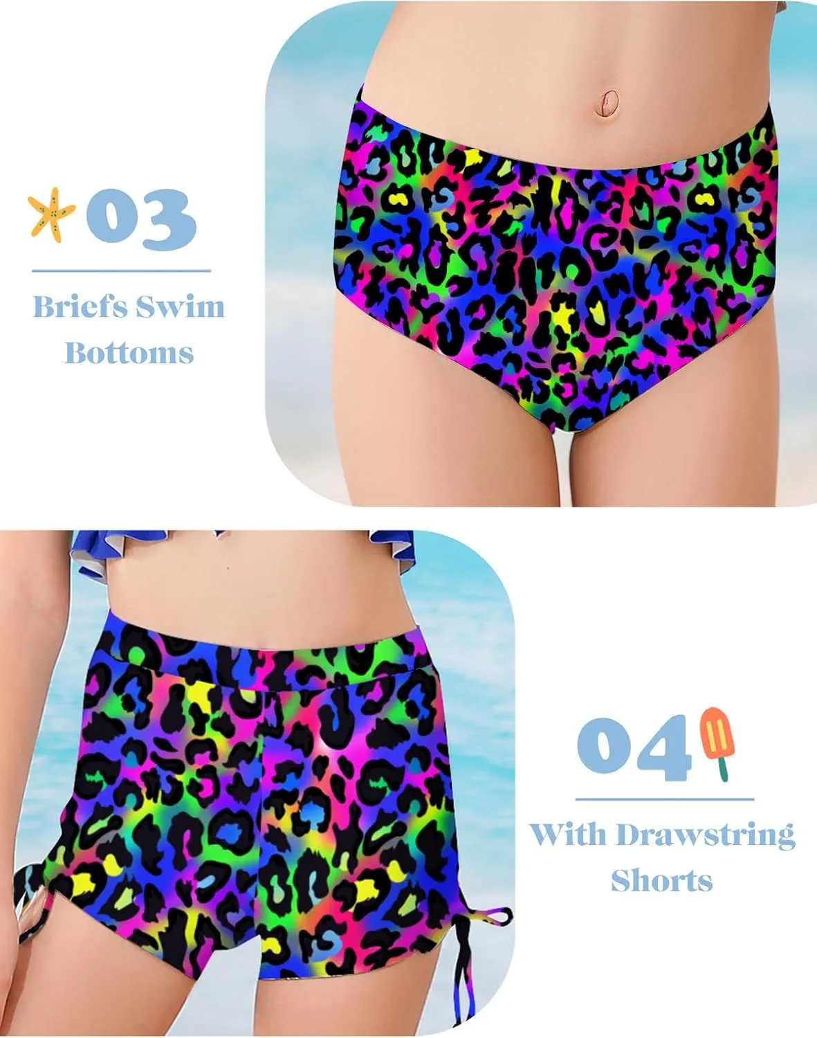 Girls Swimsuit Bikini Set with Shorts Bathing Suit Adjustable Strap Ruffle Drawstring 3 Piece Beach Swimwear Size 7-12
