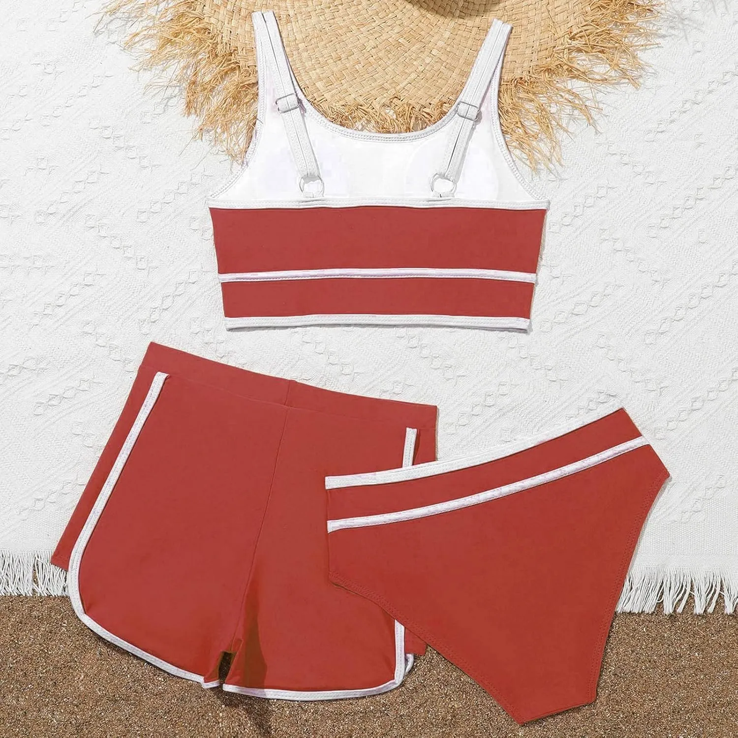 Girls Swimsuits 3 Piece Bathing Suit Kids Quick Dry Bikini Set with High Waist Sporty Shorts Beach Swimwear for Teen