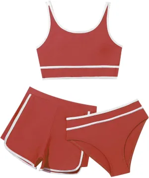Girls Swimsuits 3 Piece Bathing Suit Kids Quick Dry Bikini Set with High Waist Sporty Shorts Beach Swimwear for Teen