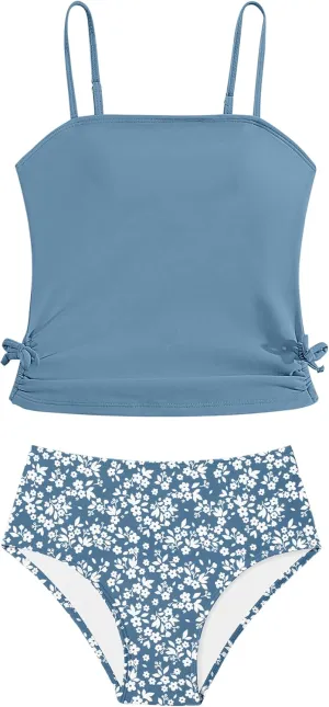 Girls Tankini Swimsuits Two Piece Bathing Suit Drawstring Swimwear Set for Girls 7-14 Years