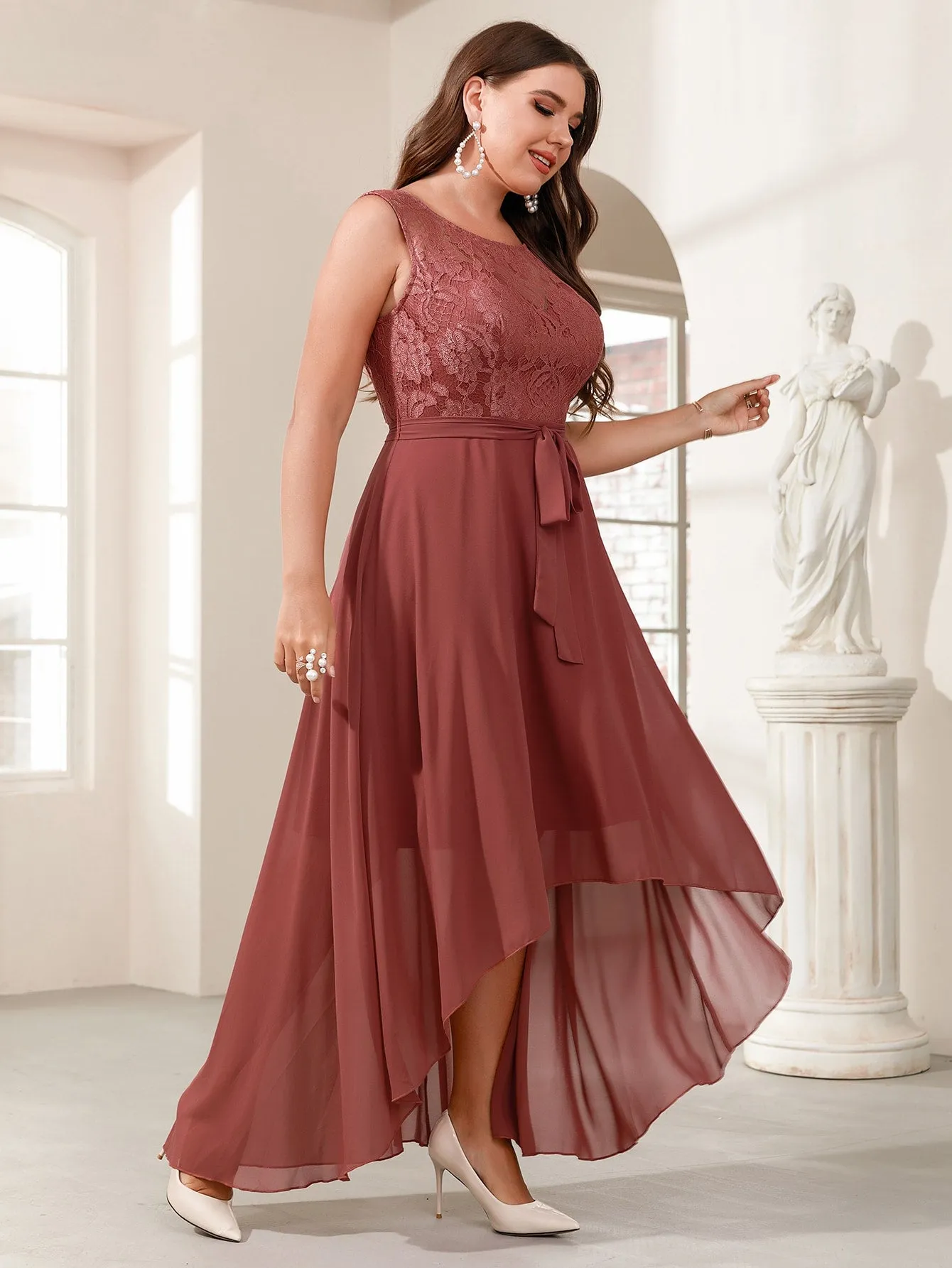 Glamorous Plain High Low Sleeveless Scoop Neck Asymmetrical High Waist Long Plus Size Dress