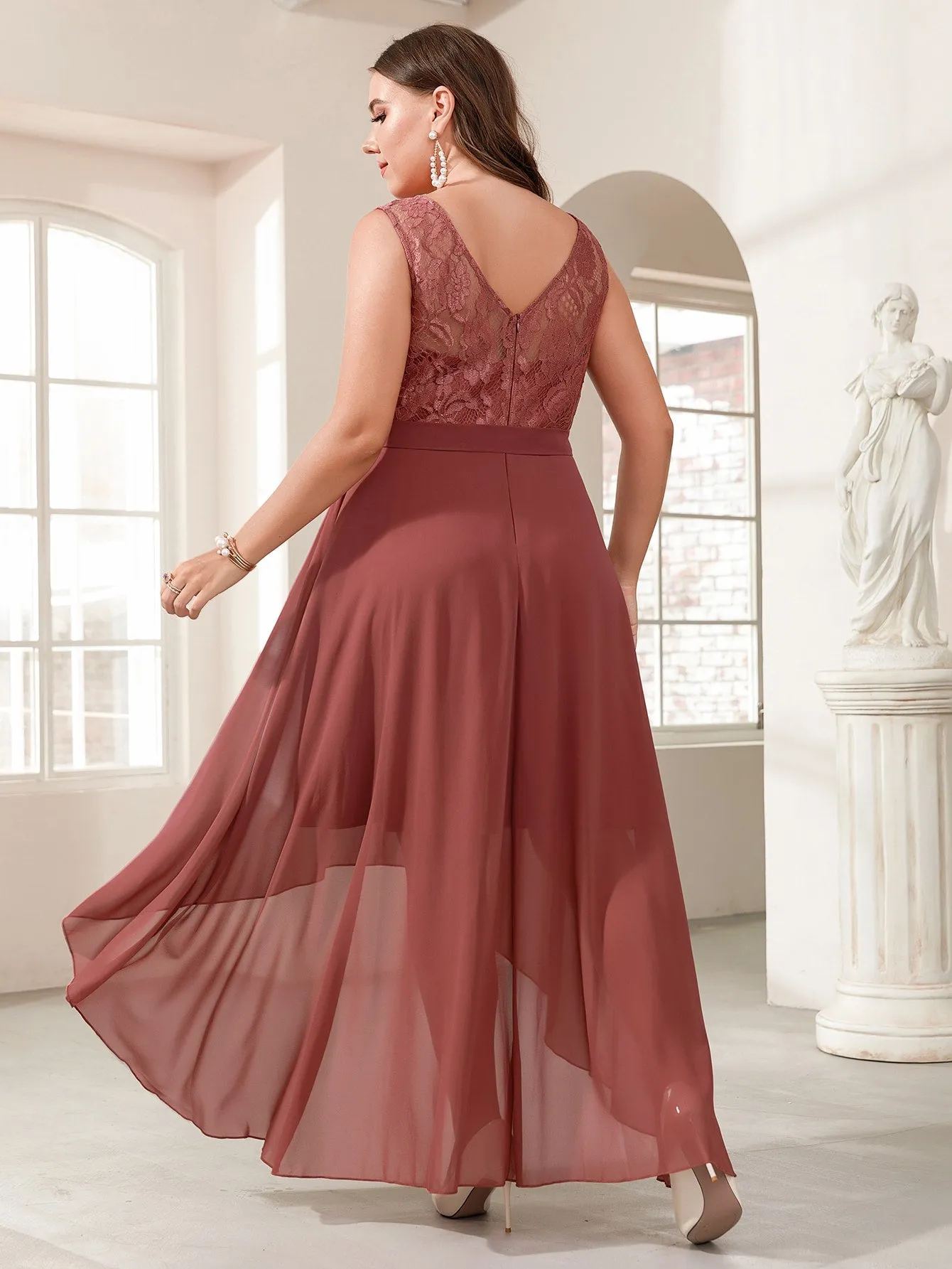 Glamorous Plain High Low Sleeveless Scoop Neck Asymmetrical High Waist Long Plus Size Dress