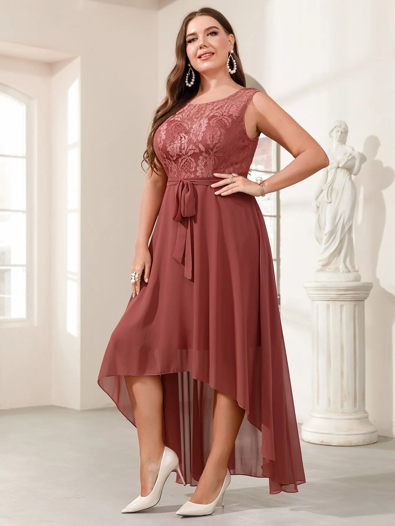 Glamorous Plain High Low Sleeveless Scoop Neck Asymmetrical High Waist Long Plus Size Dress