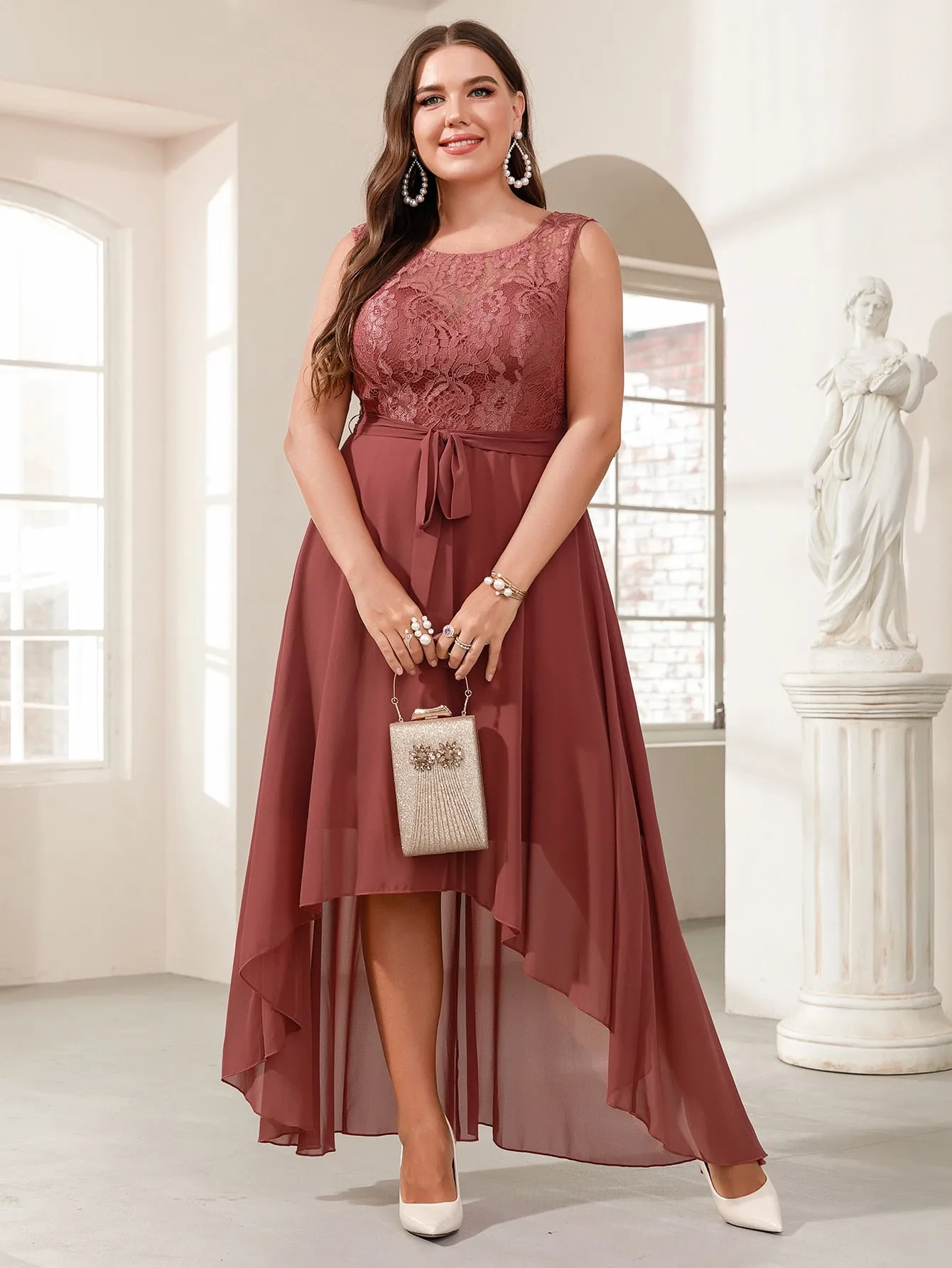 Glamorous Plain High Low Sleeveless Scoop Neck Asymmetrical High Waist Long Plus Size Dress