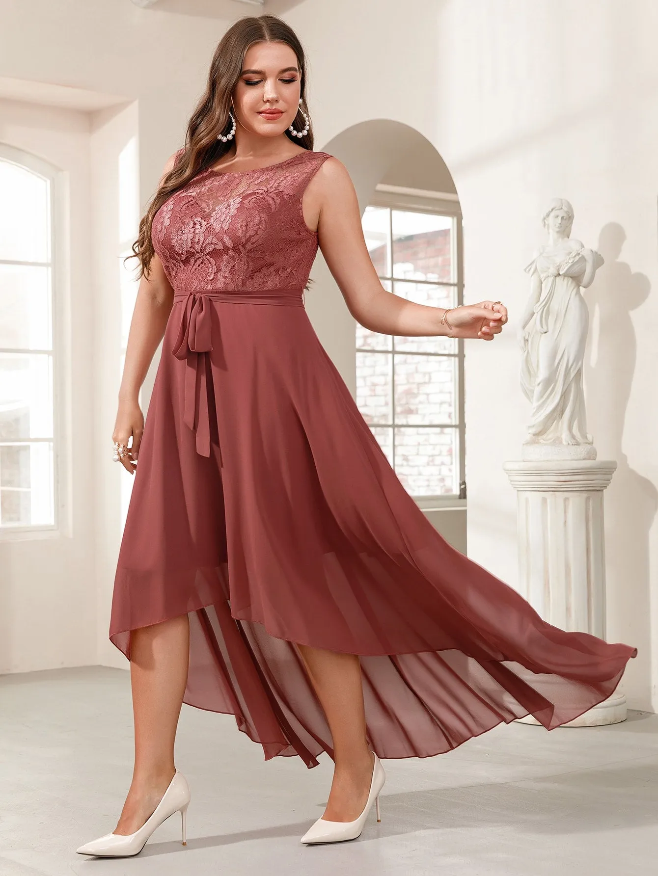 Glamorous Plain High Low Sleeveless Scoop Neck Asymmetrical High Waist Long Plus Size Dress