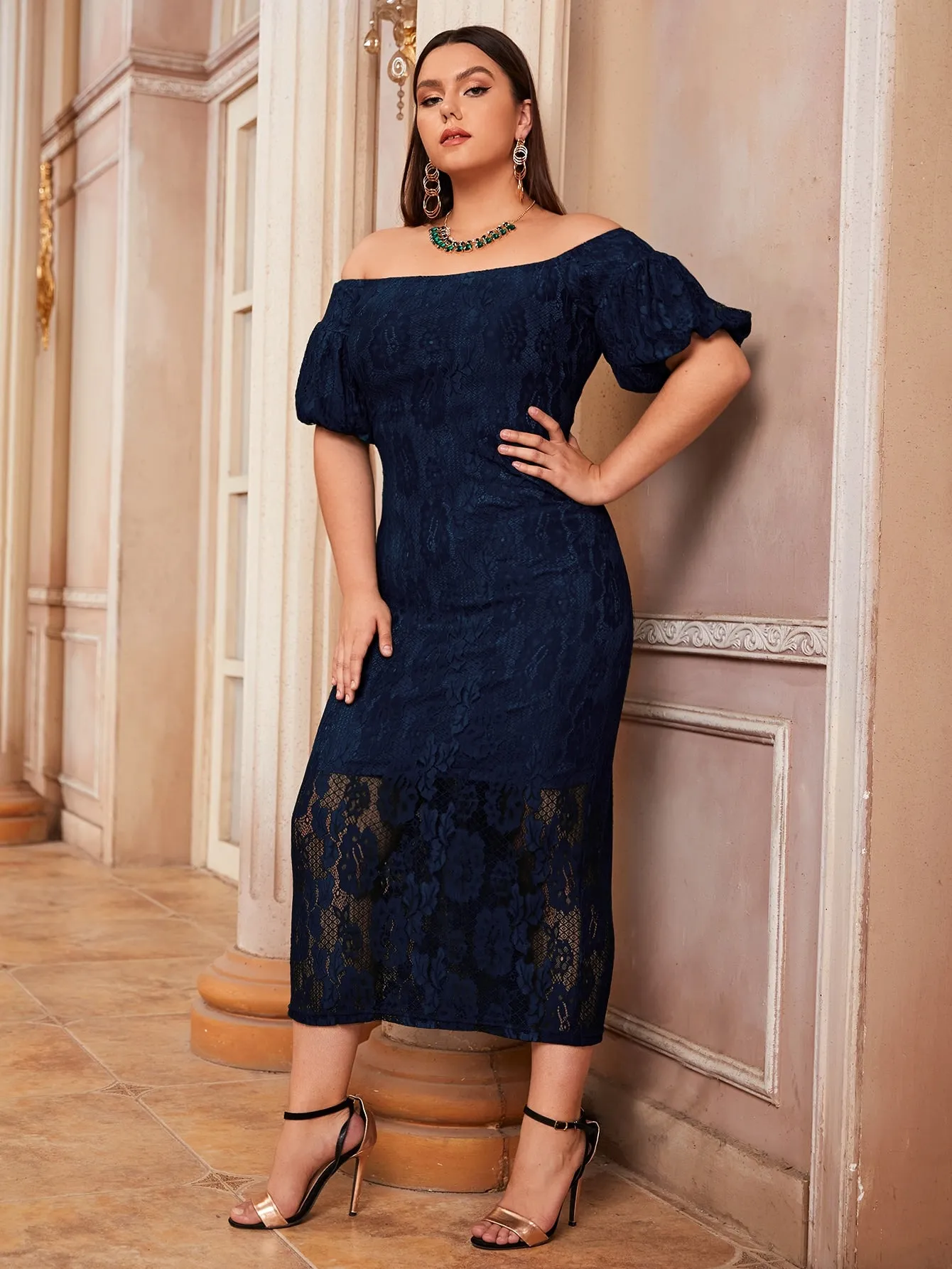 Glamorous Plain Short Sleeve Off The Shoulder Pencil Long Plus Size Dress