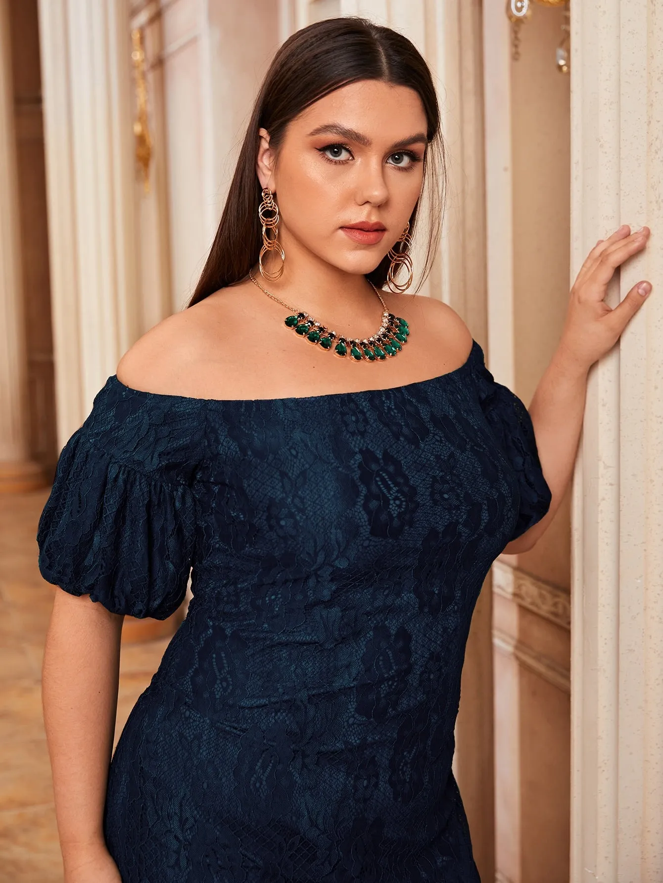 Glamorous Plain Short Sleeve Off The Shoulder Pencil Long Plus Size Dress
