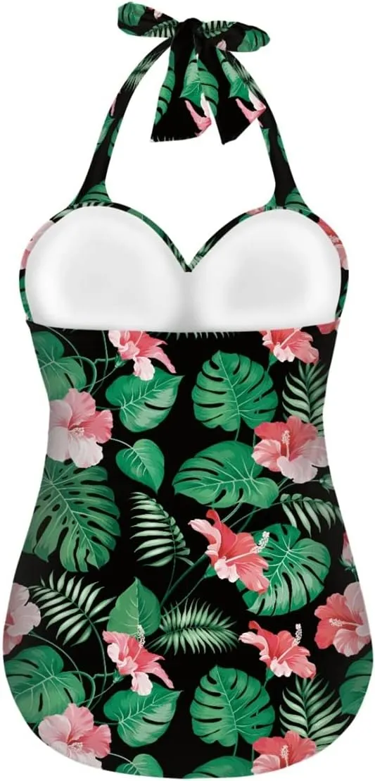 GLUDEAR Women Tummy Control Swimwear Halter One Piece Slimming Vintage Swimsuit Ruched Push Up Bathing Suit