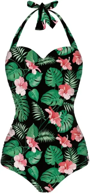 GLUDEAR Women Tummy Control Swimwear Halter One Piece Slimming Vintage Swimsuit Ruched Push Up Bathing Suit