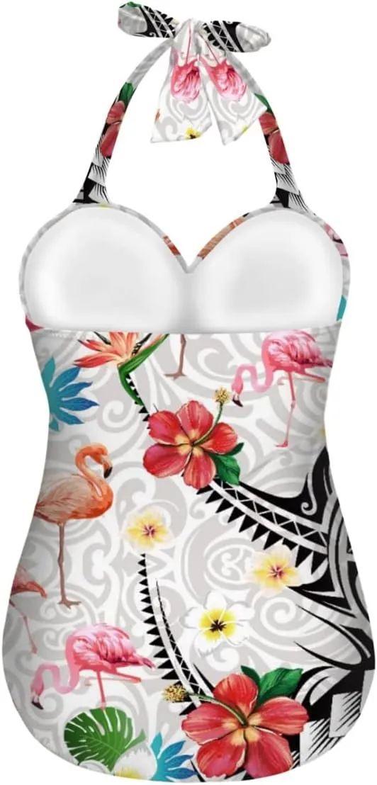GLUDEAR Women Tummy Control Swimwear Halter One Piece Slimming Vintage Swimsuit Ruched Push Up Bathing Suit