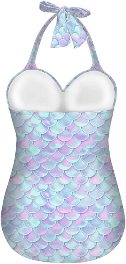 GLUDEAR Women Tummy Control Swimwear Halter One Piece Slimming Vintage Swimsuit Ruched Push Up Bathing Suit