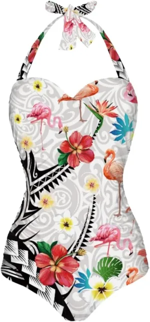 GLUDEAR Women Tummy Control Swimwear Halter One Piece Slimming Vintage Swimsuit Ruched Push Up Bathing Suit