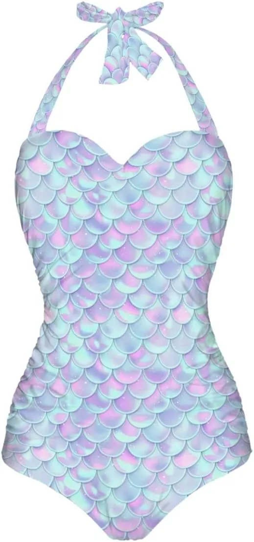 GLUDEAR Women Tummy Control Swimwear Halter One Piece Slimming Vintage Swimsuit Ruched Push Up Bathing Suit