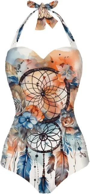 GLUDEAR Women Tummy Control Swimwear Halter One Piece Slimming Vintage Swimsuit Ruched Push Up Bathing Suit