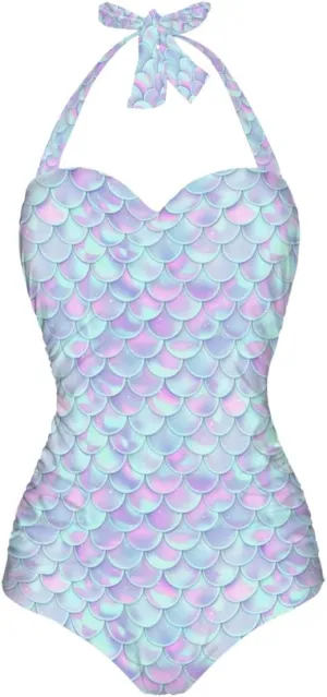 GLUDEAR Women Tummy Control Swimwear Halter One Piece Slimming Vintage Swimsuit Ruched Push Up Bathing Suit