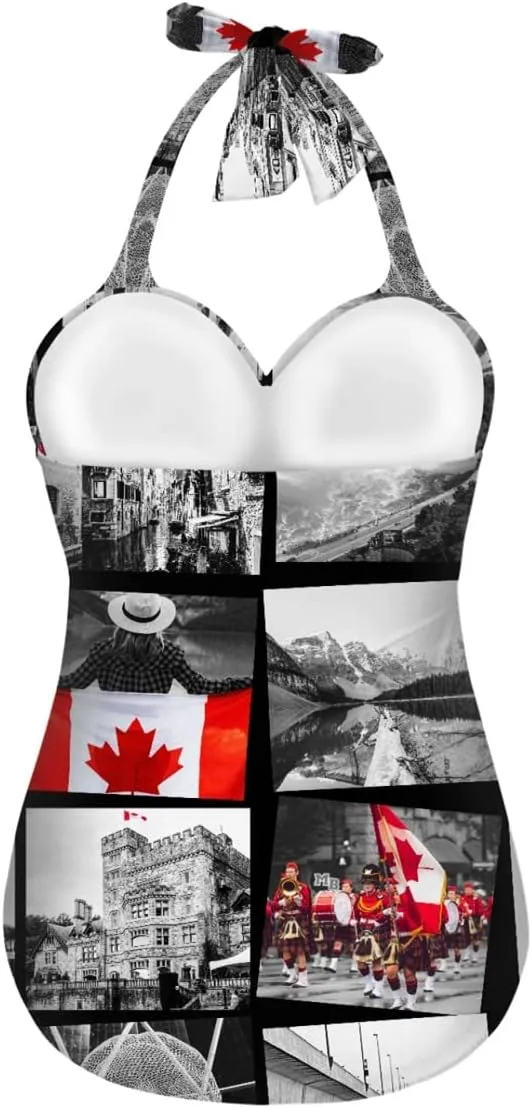 GLUDEAR Women Tummy Control Swimwear Halter One Piece Slimming Vintage Swimsuit Ruched Push Up Bathing Suit
