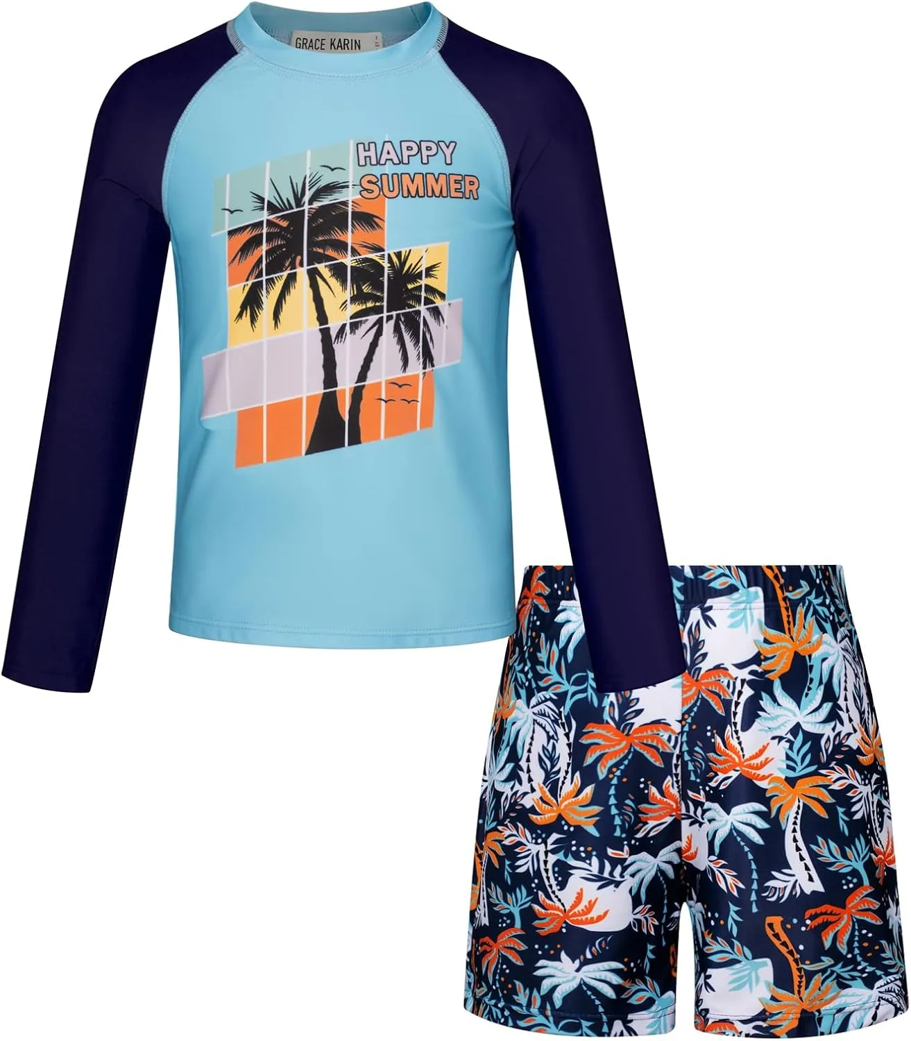 GRACE KARIN Boy Kids Two Piece Swimsuits Long Sleeve Rash Guard Swimwear Cute Bathing Suit Sets 5-12Y