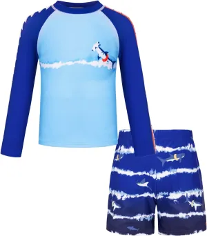 GRACE KARIN Boy Kids Two Piece Swimsuits Long Sleeve Rash Guard Swimwear Cute Bathing Suit Sets 5-12Y