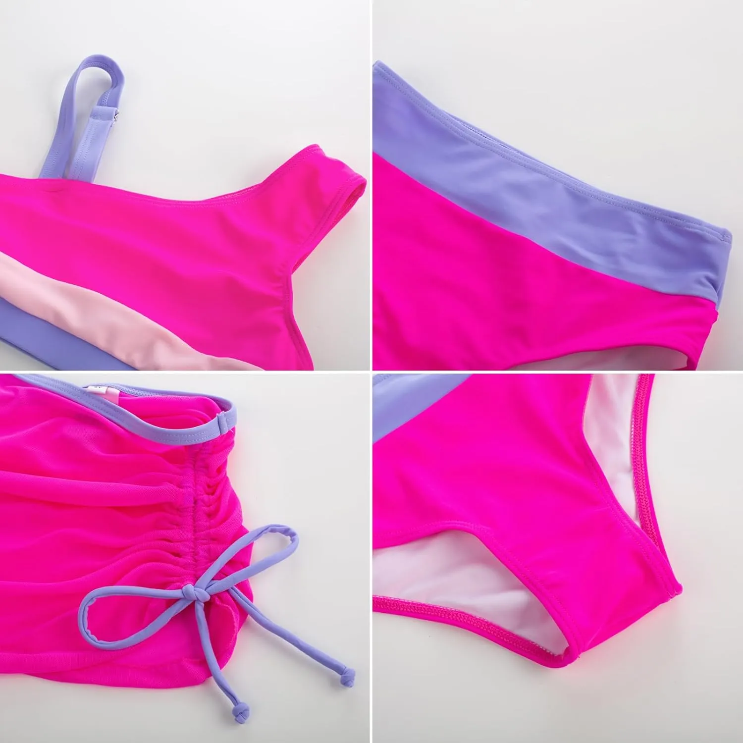 GRACE KARIN Girls Swimsuit 3-Piece Bikini Set Color-Block Kids High Waisted Swimwear with Drawstring Quick Dry Cover Up 6-12