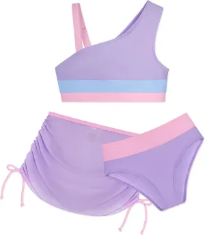 GRACE KARIN Girls Swimsuit 3-Piece Bikini Set Color-Block Kids High Waisted Swimwear with Drawstring Quick Dry Cover Up 6-12