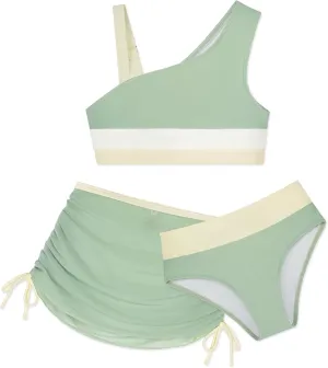 GRACE KARIN Girls Swimsuit 3-Piece Bikini Set Color-Block Kids High Waisted Swimwear with Drawstring Quick Dry Cover Up 6-12