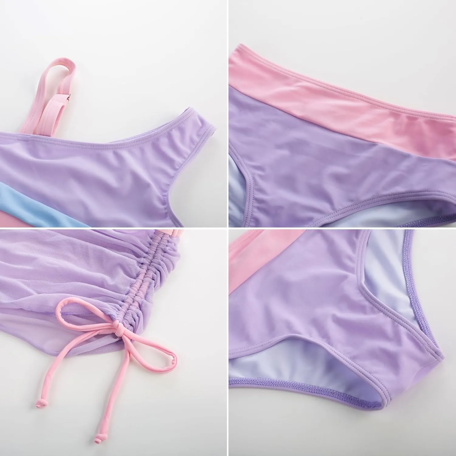 GRACE KARIN Girls Swimsuit 3-Piece Bikini Set Color-Block Kids High Waisted Swimwear with Drawstring Quick Dry Cover Up 6-12