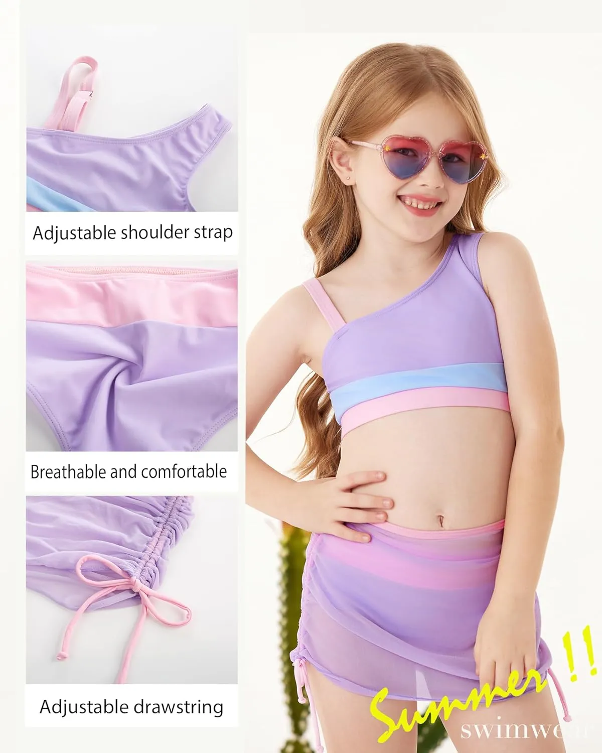 GRACE KARIN Girls Swimsuit 3-Piece Bikini Set Color-Block Kids High Waisted Swimwear with Drawstring Quick Dry Cover Up 6-12