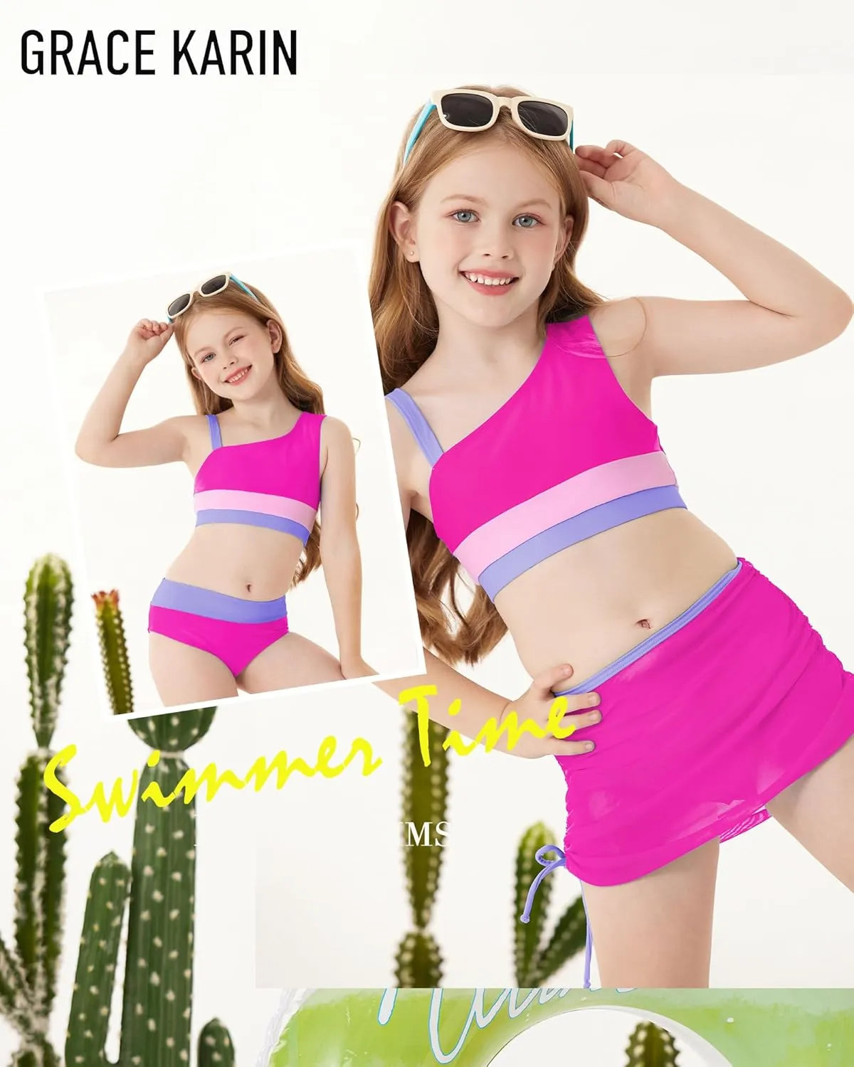 GRACE KARIN Girls Swimsuit 3-Piece Bikini Set Color-Block Kids High Waisted Swimwear with Drawstring Quick Dry Cover Up 6-12
