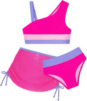 GRACE KARIN Girls Swimsuit 3-Piece Bikini Set Color-Block Kids High Waisted Swimwear with Drawstring Quick Dry Cover Up 6-12