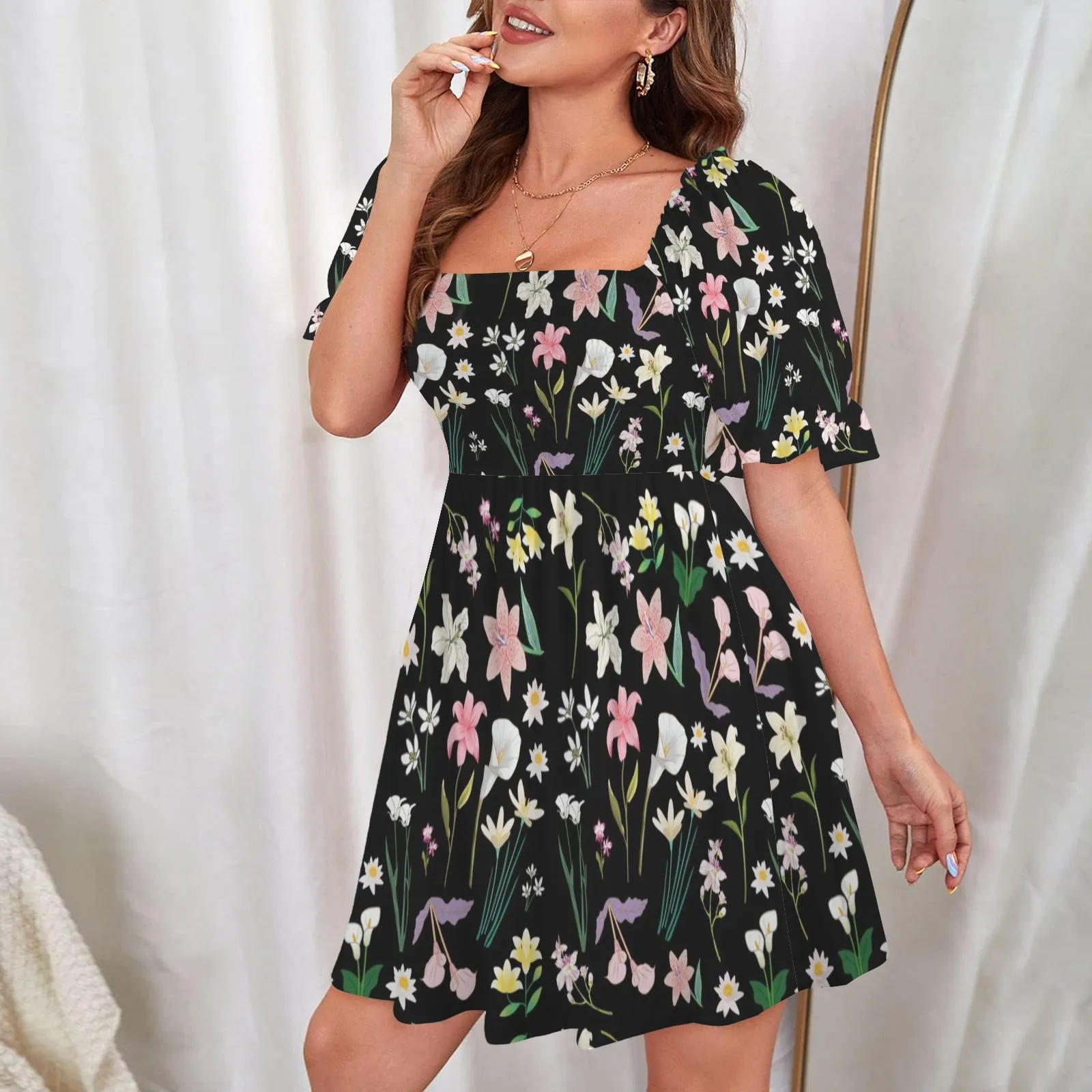 Graphic Lillies Black Ruffles Square Neck Dress up to 5 XL (FWS)