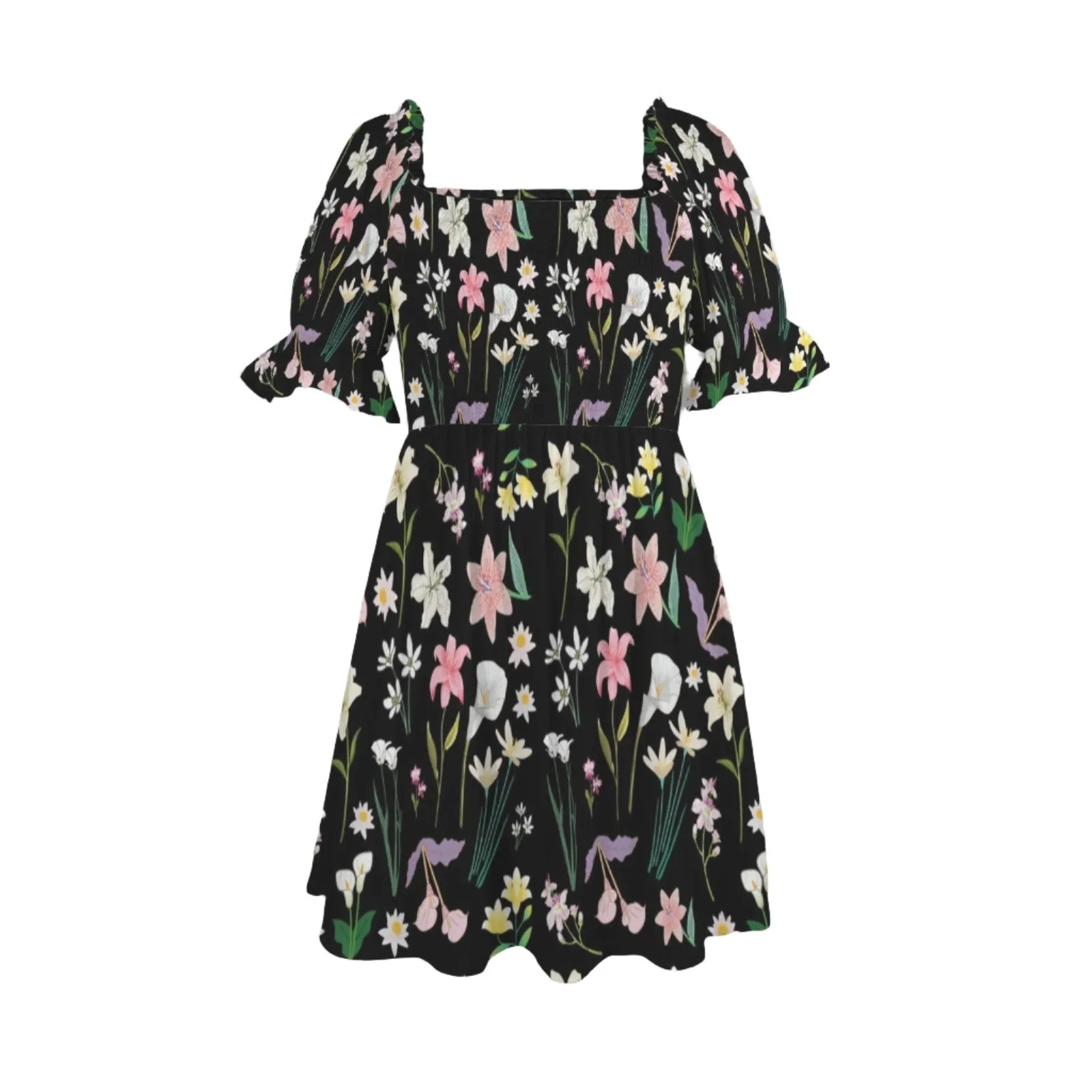 Graphic Lillies Black Ruffles Square Neck Dress up to 5 XL (FWS)