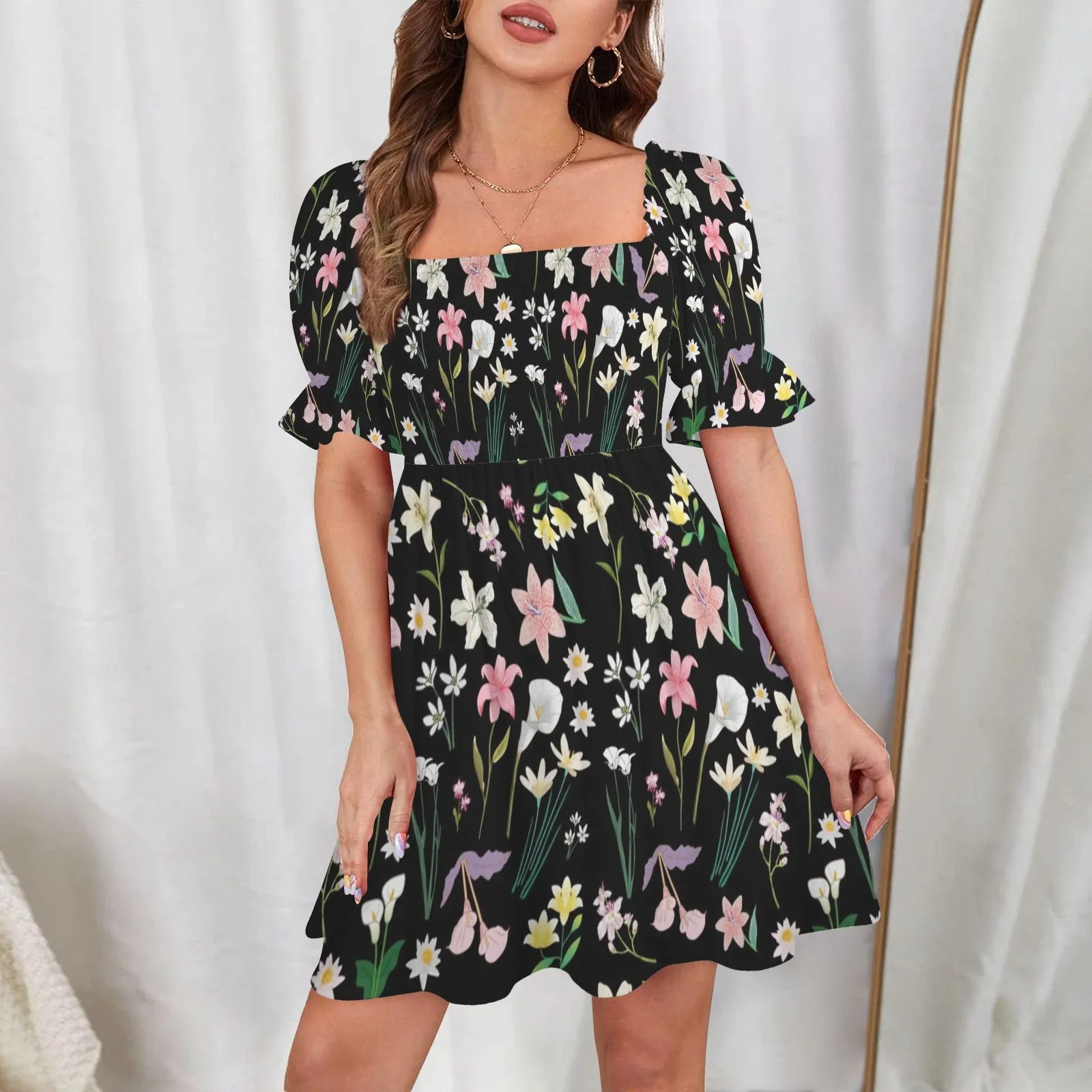 Graphic Lillies Black Ruffles Square Neck Dress up to 5 XL (FWS)