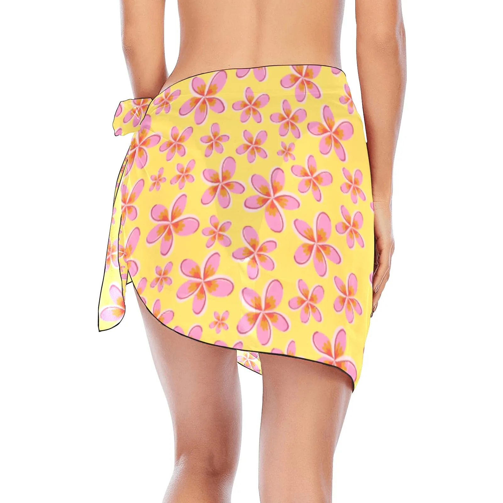 Graphic Pink Frangipanis Yellow Short Chiffon Sarong Wrap up to 2 XL (FWS)