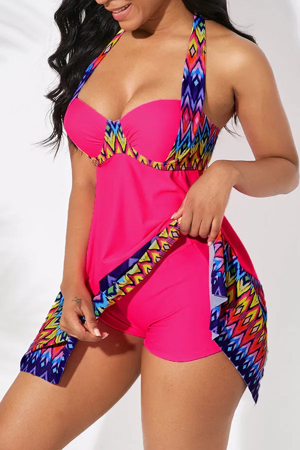 Graphic Print Patchwork Casual Tankini