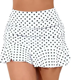 Halcurt Women's High Waisted Ruched Ruffle Swim Skirts with Short Tummy Control Bikini Bottoms Swimsuit White Polka Dot M