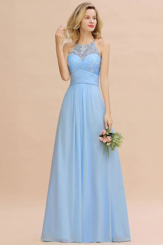 Halter Floral lace aline Chiffon Bridesmaid Dress Sleeveless Ruffle Wedding Guest Dress