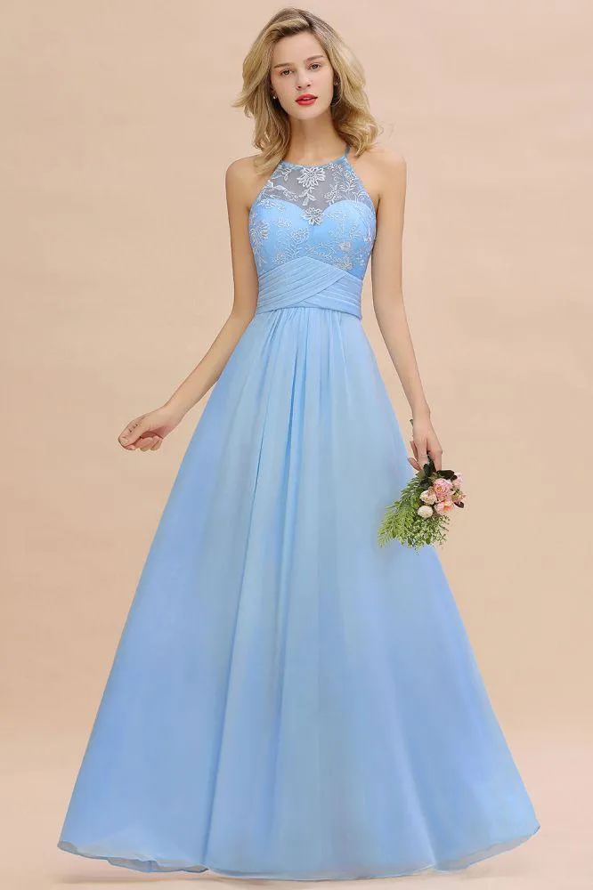 Halter Floral lace aline Chiffon Bridesmaid Dress Sleeveless Ruffle Wedding Guest Dress