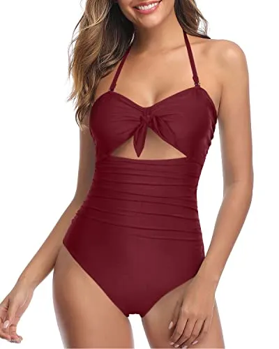 Halter Front Tie Knot Bathing Suit Tummy Control One Piece Swimsuits-Maroon