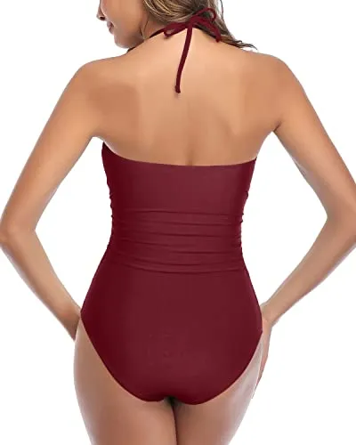 Halter Front Tie Knot Bathing Suit Tummy Control One Piece Swimsuits-Maroon
