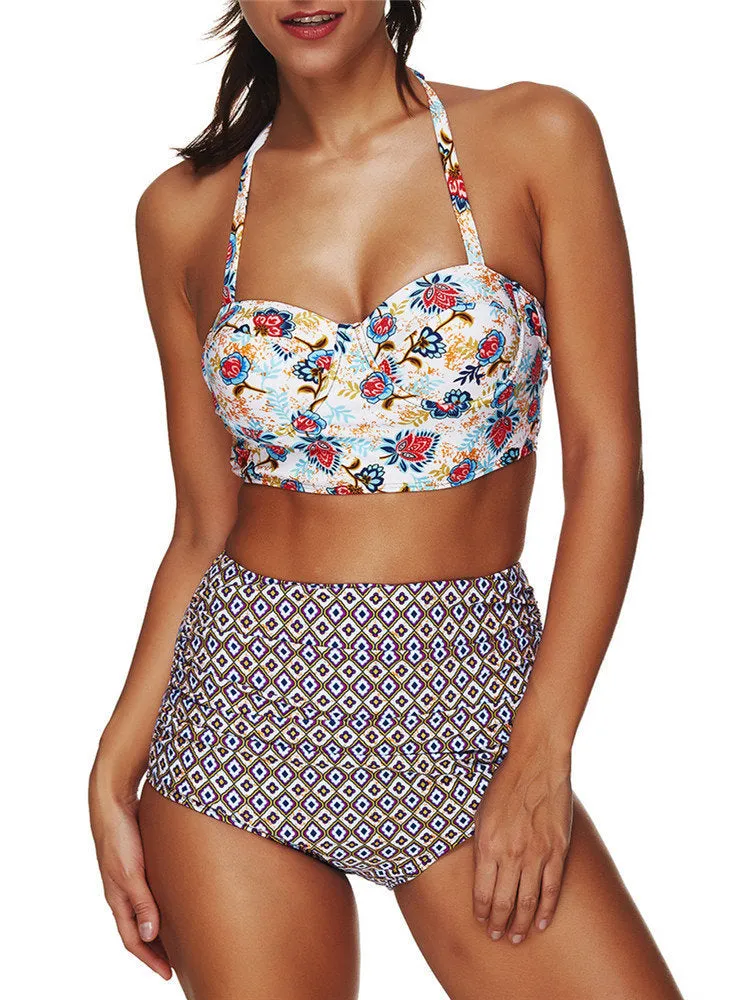 Halter High Waist Printing Push Up Tankinis