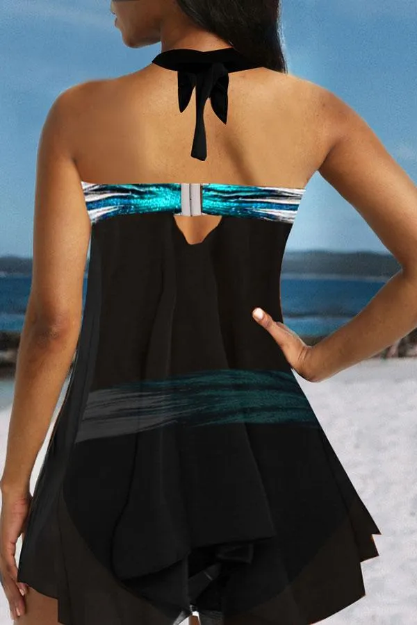 Halter Neck Asymmetric Hem Printed Tankini Swimwear