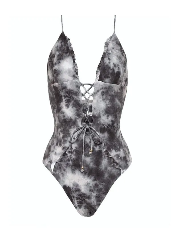 Halter Plunging Neck Criss Cross Tie Dye One Piece Swimsuit