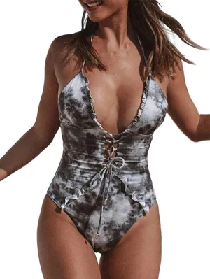 Halter Plunging Neck Criss Cross Tie Dye One Piece Swimsuit
