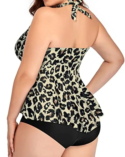Halter V Neck Plus Size Two Piece High Waisted Swimsuit Tummy Control-Black And Leopard