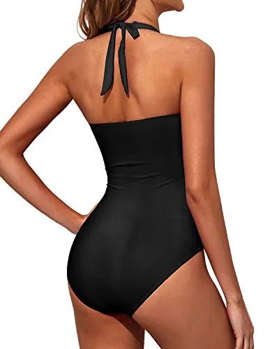 Halter Vintage Swimwear Slimming One Piece Swimwear-Black