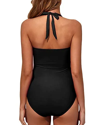 Halter Vintage Swimwear Slimming One Piece Swimwear-Black