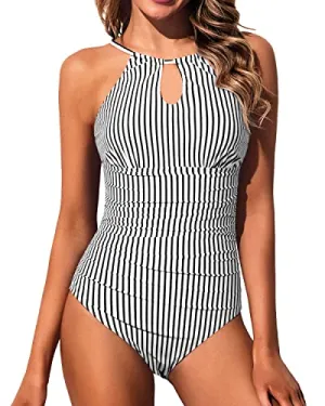 Halter Women One Piece Swimsuit Tummy Control High Neck Bathing Suits-Black And White Stripe