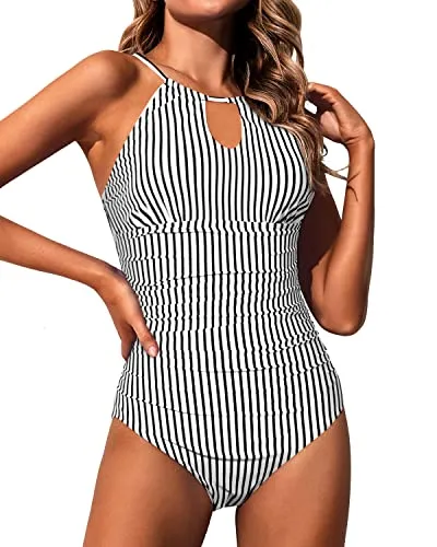 Halter Women One Piece Swimsuit Tummy Control High Neck Bathing Suits-Black And White Stripe
