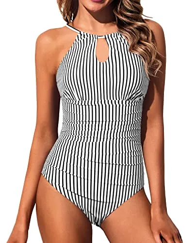 Halter Women One Piece Swimsuit Tummy Control High Neck Bathing Suits-Black And White Stripe