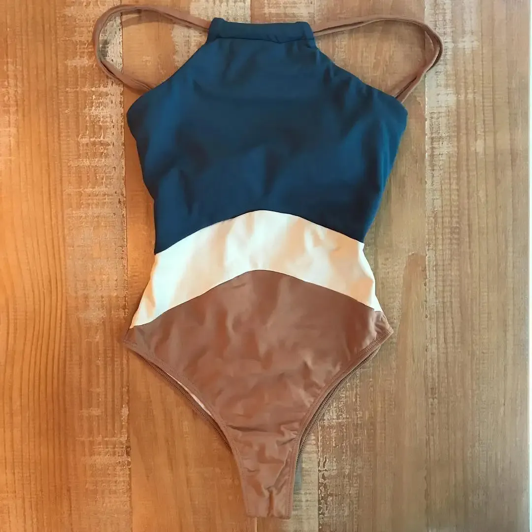 Halter Women's Color-Block Full Coverage Swimsuit